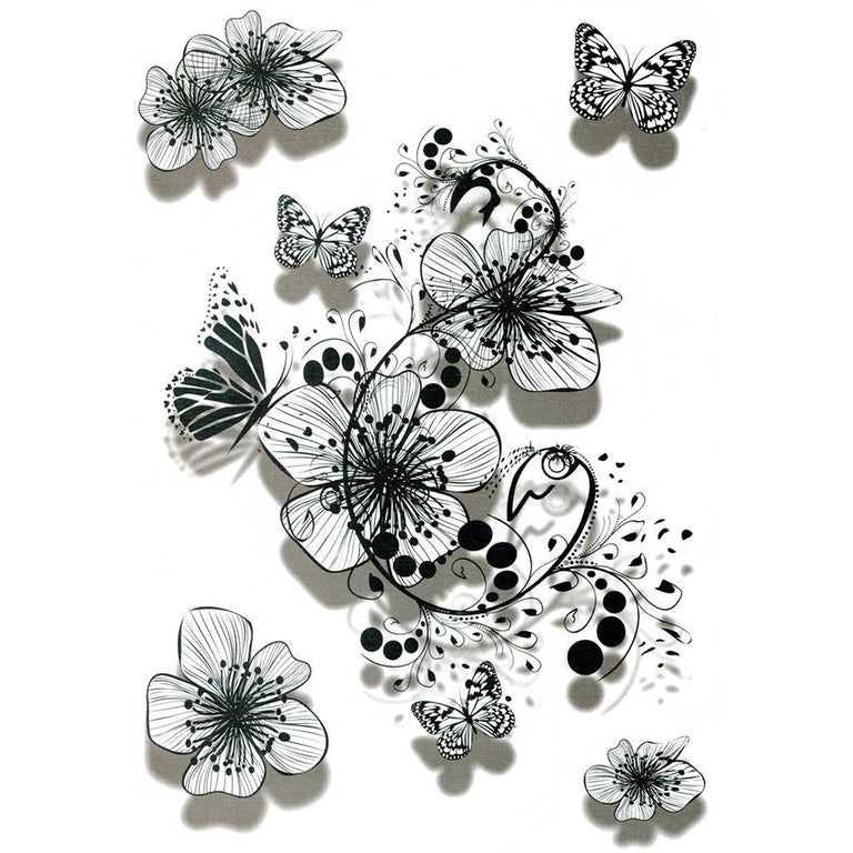 Temporary tattoo "B&W Flowers & Butterfly"