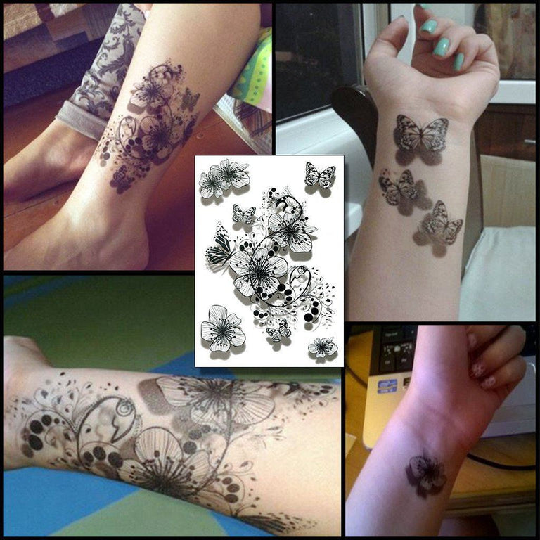 Temporary tattoo "B&W Flowers & Butterfly"